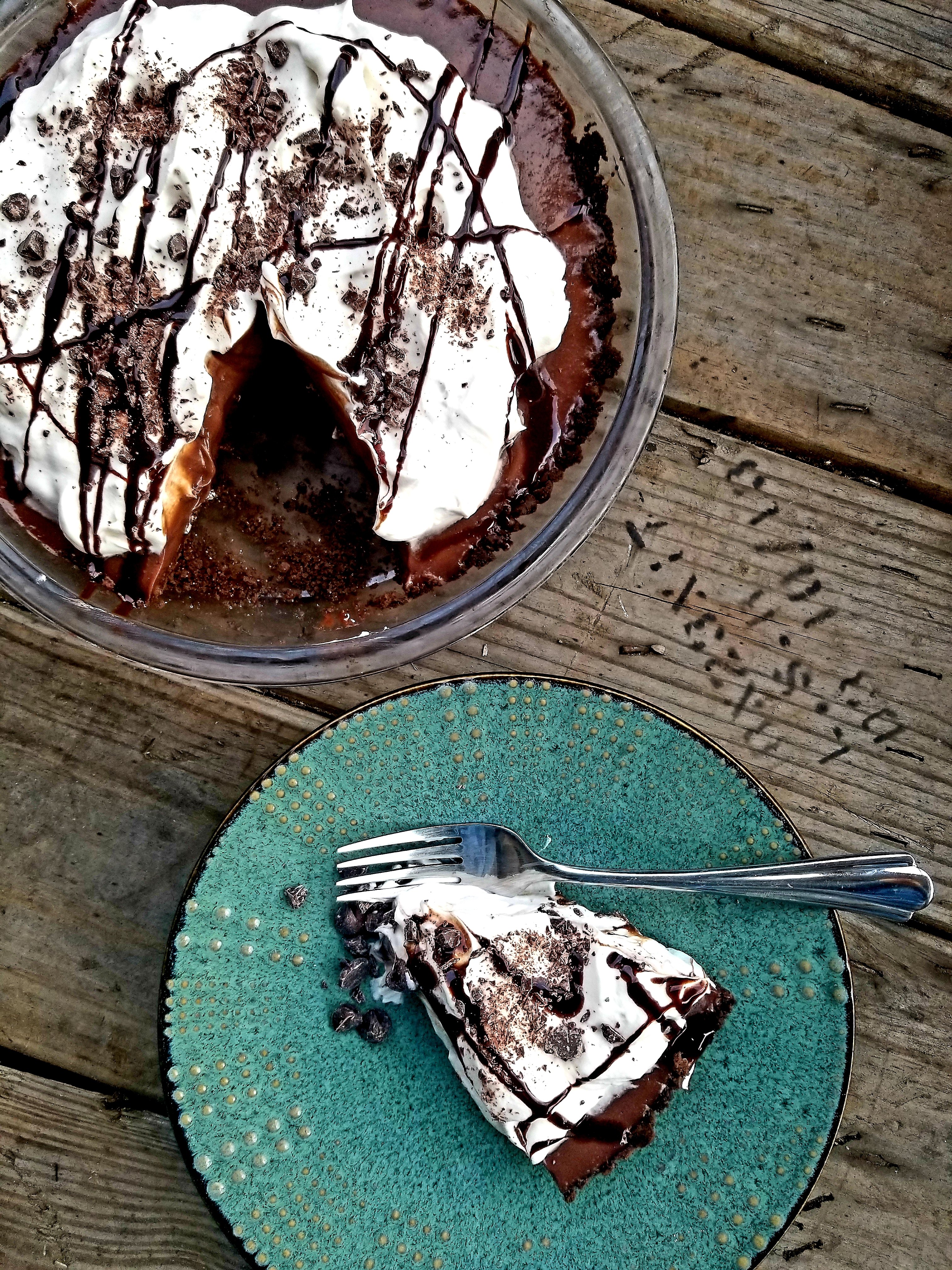 Chocolate crust pie with chocolate Irish cream pudding and Irish whipped cream