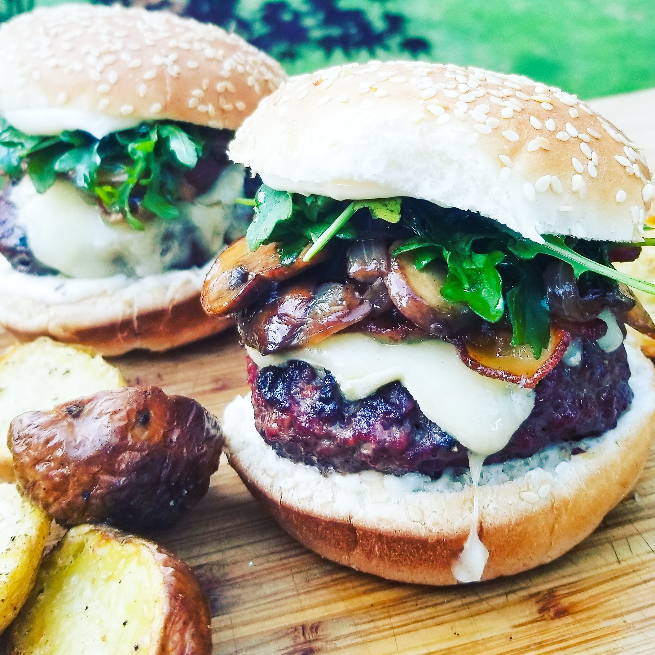 Local to Seattle, Beecher's white cheddar is the perfect pairing for this mushroom burger with arugula and garlic aioli.