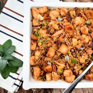 This Thanksgiving head Out West with this Chorizo Cornbread Stuffing packed full of sliced apple, pecan and celery with rustic bread cubes.
