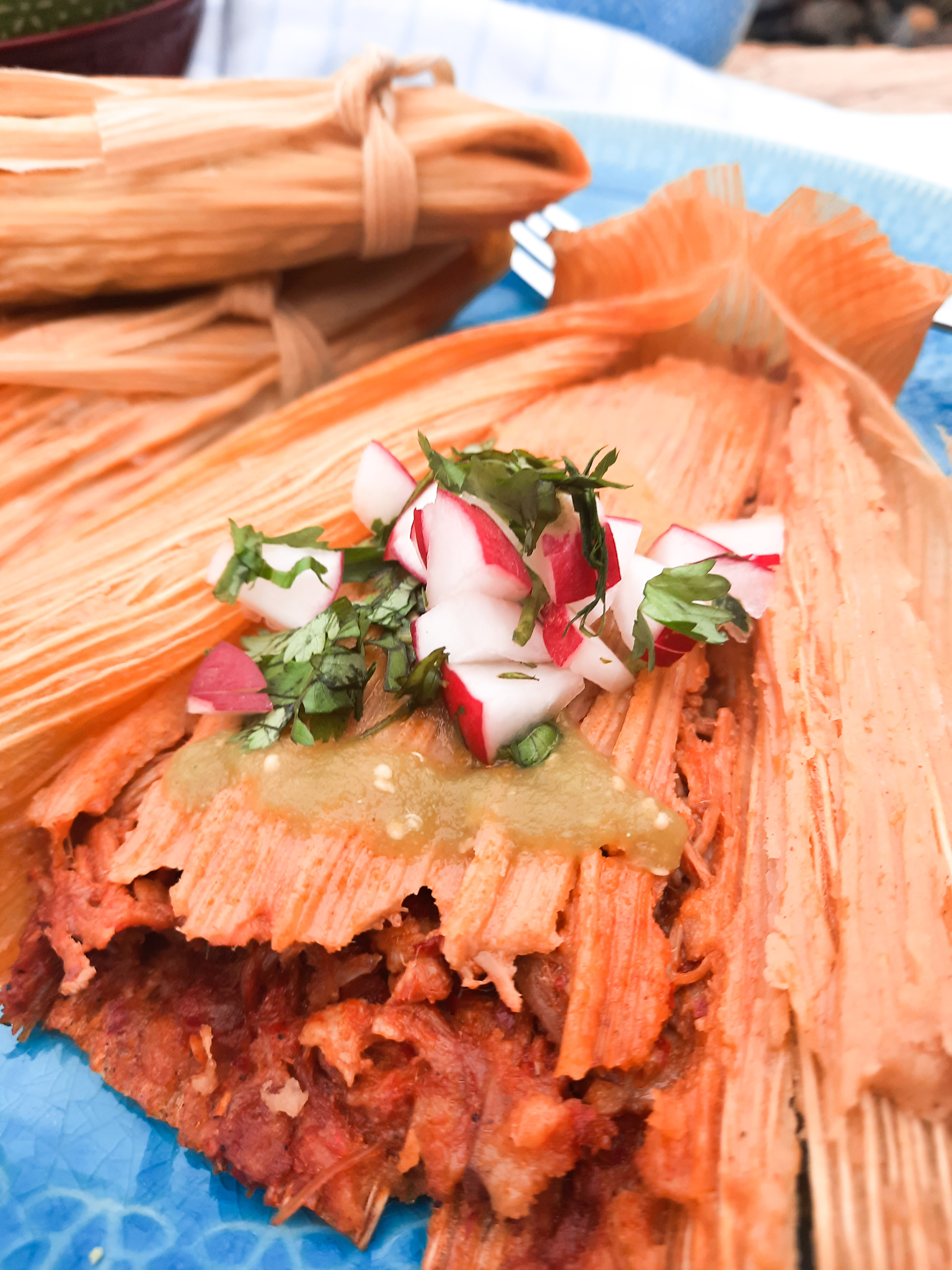 Freshly made Red Chili Tamales are tender and flavorful with diced radish and cilantro