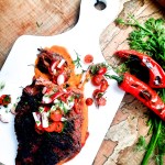 Grilled Bavette Steak with Smoked Paprika Sauce has a spicy seasoned crust and a juicy tender inside with fresh tomato radish salad.