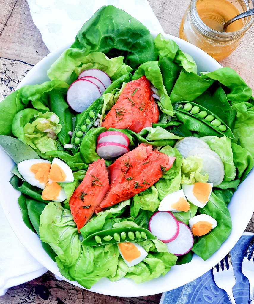 15 Minute Salmon Salad combines all the freshness of Spring vegetables with tender baked salmon in a lemon shallot vinaigrette.