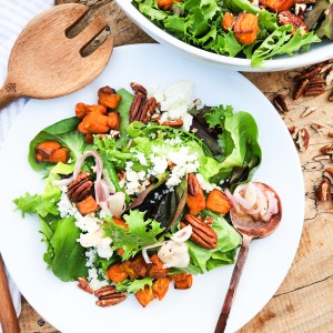 Fall Salad with Pecans, Yams and Cotija celebrates the earthiness of roasted garnet yams, toasted pecans, crumbled Cotija cheese and greens.