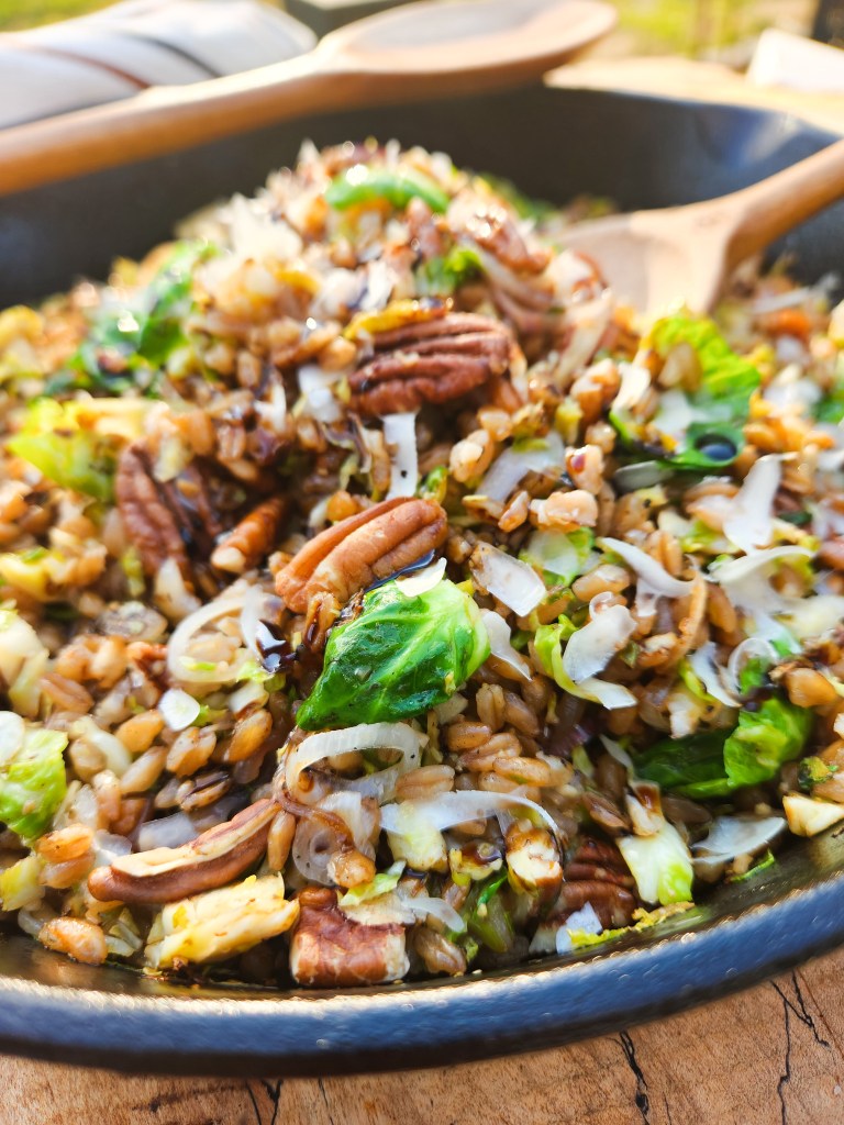 Farro, Brussels Sprouts and Pecan Salad lightly fried with thinly sliced shallot, shaved parmesan and balsamic glaze.