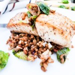 Halibut with Farro Salad comes together quickly with pan seared halibut and farro with brussels sprouts, pecans, parmesan and balsamic glaze.