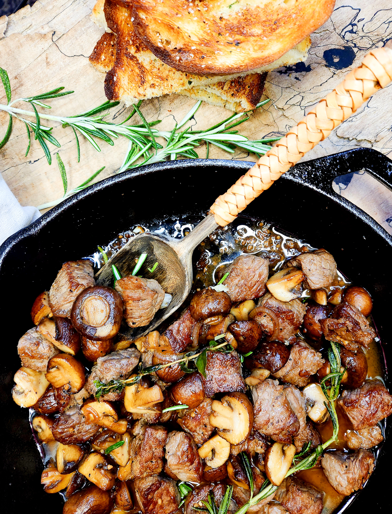 Steak Bites with Herby Mushrooms is a delicious one pan meal ready in less than 15 minutes with very few ingredients.