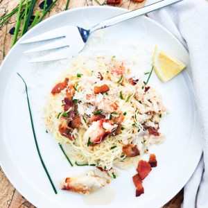Dungeness Crab Capellini is light with plenty of crab, hints of lemon, chives and bacon with a splash of cream.