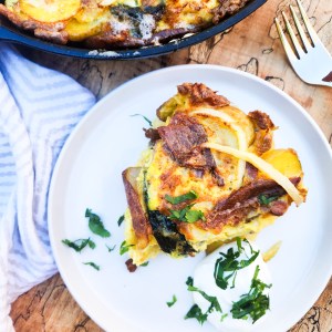 Bacon, Poblano and Potato Frittata layers thinly sliced gold potatoes, roasted poblano strips, bacon pieces and Monterrey Jack cheese with fluffy eggs.