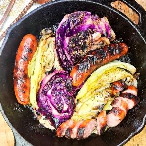 Blistered Sauerkraut with Sausage is a quick and flavorful dish with charred cabbage and hints of caraway, fennel and malt vinegar.