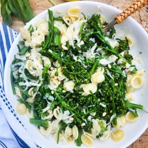 Orecchiette with Broccoli Rabe is an easy and flavorful dish accented with fresh basil, pine nuts and pecorino romano.