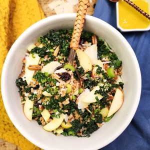 Farro Apple Pecan Salad is hearty and flavorful with celery, craisins, red onion and parmesan in an apple vinaigrette dressing.