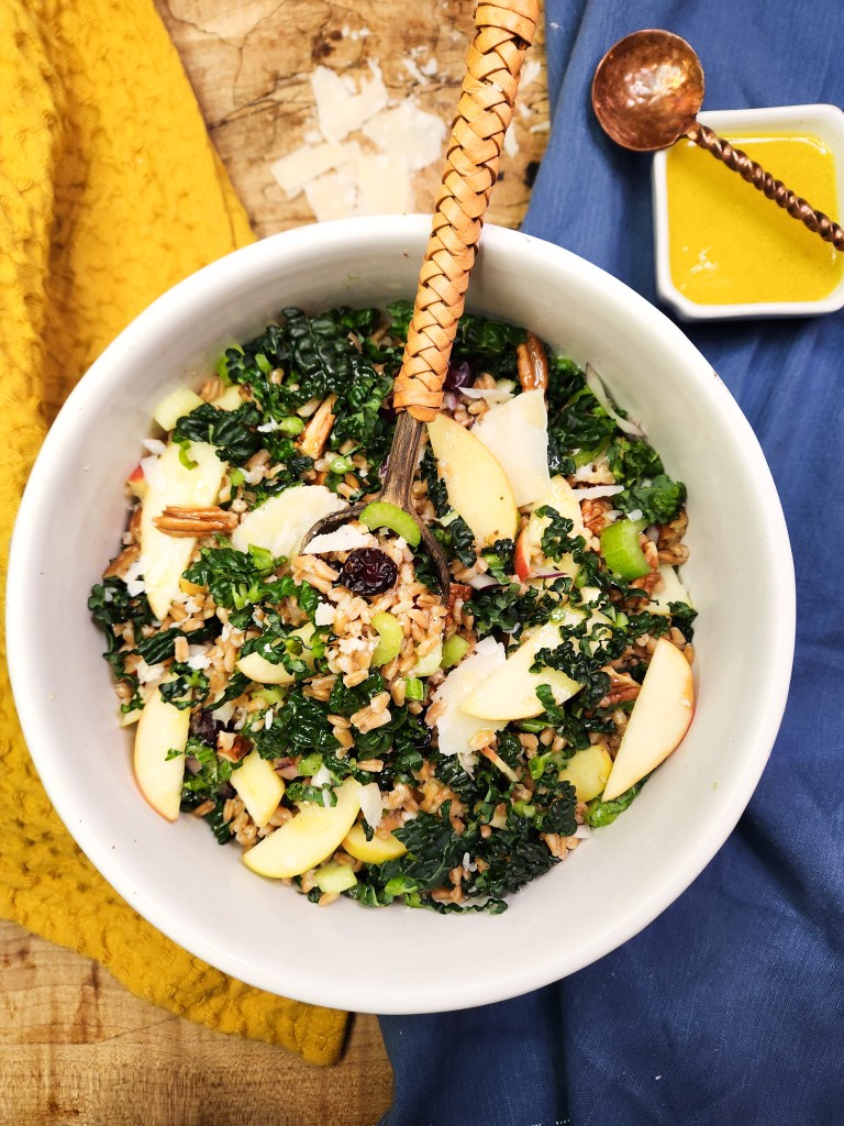 Farro Apple Pecan Salad is hearty and flavorful with celery, craisins, red onion and parmesan in an apple vinaigrette dressing.